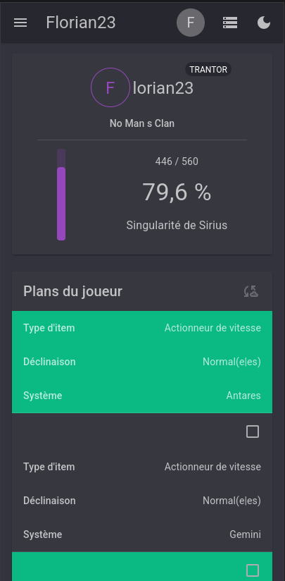 exemple de page de l'application : plans d'un joueur